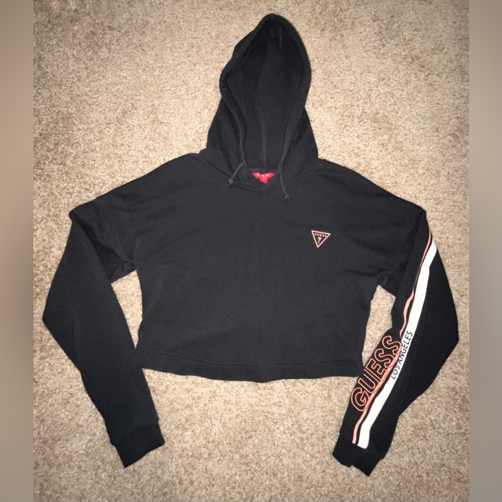 Guess Los Angeles Black/Coral Cropped Hoodie Sweatshirt Size Small Activewear